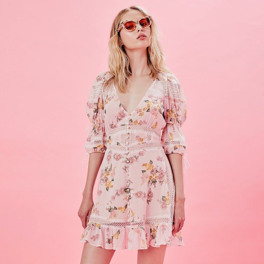 For Love & Lemons Isadora Pink Lace Mini Dress